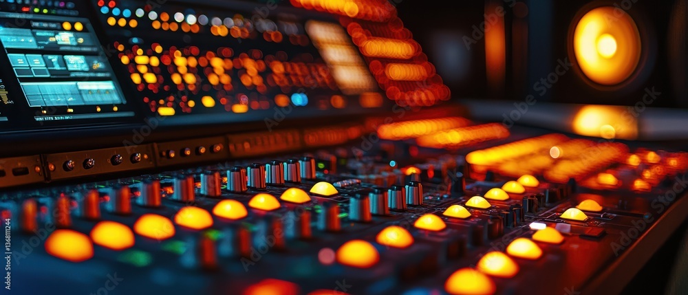 Aufkleber illuminated control panel of sound system with vibrant lights and buttons, showcasing professional a