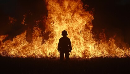 Fototapeta premium Fiery silhouette of a worker against an inferno. Courage and risk in a dangerous setting