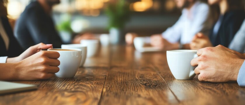 Engaged in conversation, six business professionals enjoy coffee break at wooden table, fostering collaboration and connection in relaxed atmosphere
