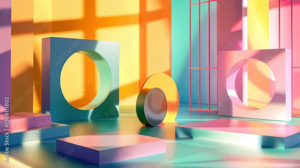 Poster a 3d abstract design with geometric shapes and shadows.