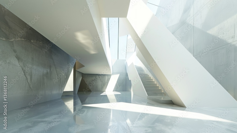 Poster an abstract architectural design with sharp angles and geometric forms.