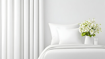 Minimalist bedroom scene with white bedding, sheer curtains, and white flowers in a vase