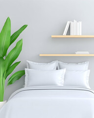 Minimalist bedroom scene with white bedding, plant, and floating shelves