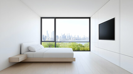 Minimalist bedroom with city view, large window, and wooden platform bed