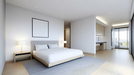 Minimalist bedroom with king-size bed, light wood accents, and balcony view