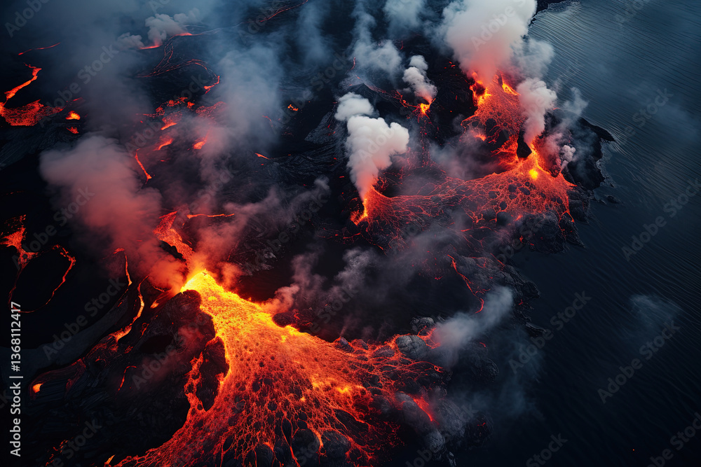 Sticker volcano eruption from a bird view. volcano crater and magma flow shot from above. genertated ai.