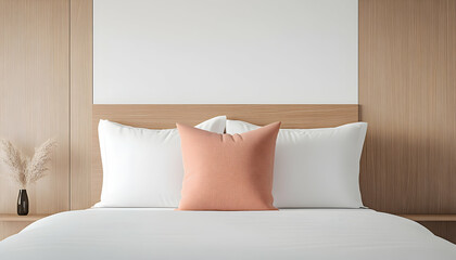 Minimalist bedroom with light wood headboard, white bedding, and coral pillow