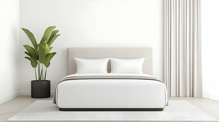 Minimalist bedroom with white bedding, beige headboard, and large plant