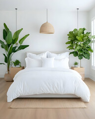 Minimalist bedroom with white bedding, large plants, and natural light