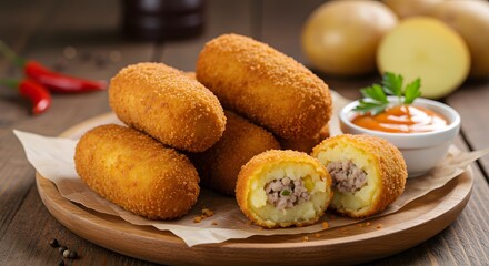 Enjoy Croquettes Filled with Ground Meat Served on Wooden Plate