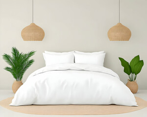 Minimalist bedroom with white bedding, wicker lamps, and potted plants