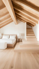 Minimalist bedroom with wooden staircase and high ceiling