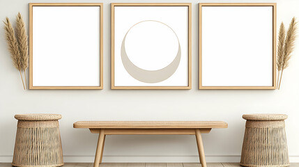 Minimalist beige artwork in wooden frames above a bench and woven baskets