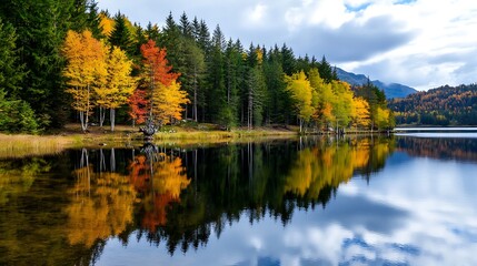 Autumn Lake Reflection Vivid Red Yellow Orange Trees Mirrored in Calm Water