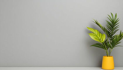 Minimalist gray wall with vibrant green plant in yellow pot