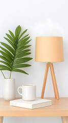 Minimalist home decor Table lamp, mug, book, plant