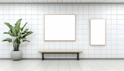 Minimalist hallway with blank frames, bench, and plant
