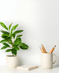 Minimalist home office setup with plant, notebook, and art supplies