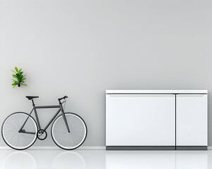Minimalist interior with bicycle and storage unit against a grey wall