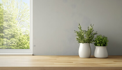 Minimalist interior scene with plants on a wooden surface by a window