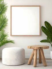 Minimalist interior with blank square frame, wooden stool, and potted plants