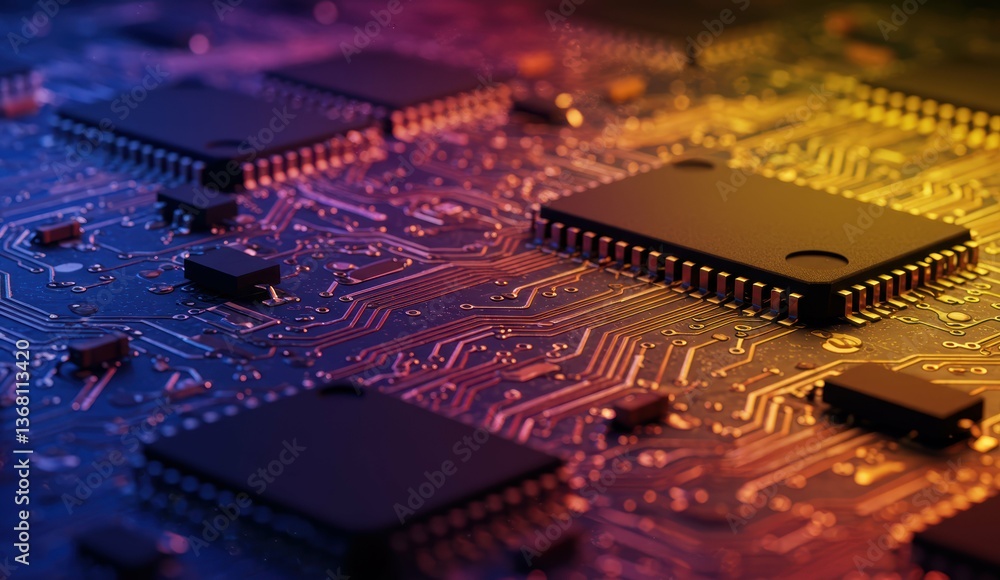 Poster close-up of microchips on circuit board showcasing technology. concepts: innovation, modern electron