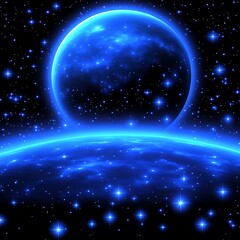 Glowing blue planet with stars in a dark cosmic sky