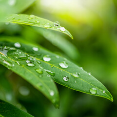 葉っぱの上の水滴、雨上がりの庭の植物に水玉のクローズアップ