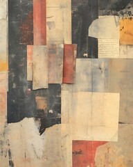 Textured Collage Art of Geometric Shapes in Earth Tones and Vintage Text