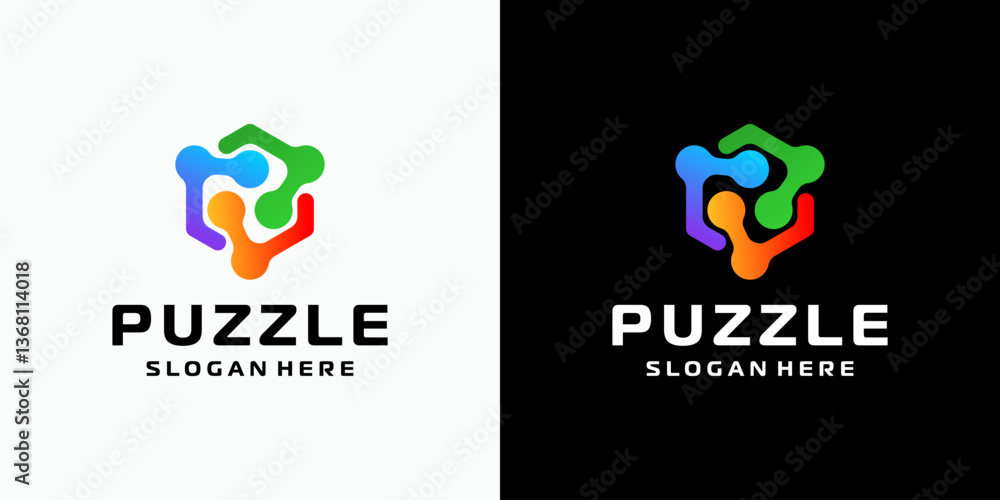 Poster three-dimensional cube puzzle vector logo design with modern, simple, clean and abstract style. icon