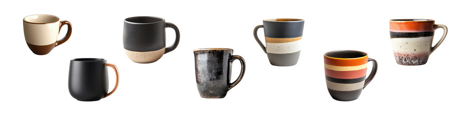 Unique Ceramic Mugs Displayed in Various Colors and Designs