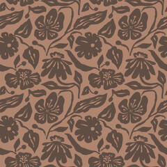 Brush strokes inky flowers brown seamless pattern. Abstract floral contemporary background. Textured botanical minimalist wallpaper