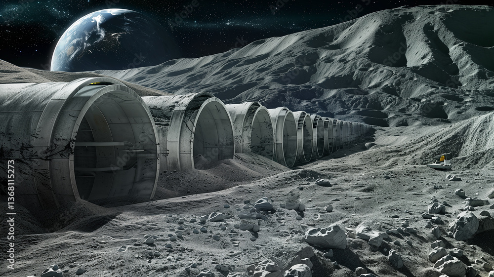 Poster this workers operate machinery to extract valuable regolith from an asteroid base on the lunar surfa