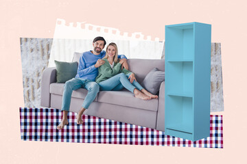 Template sketch trend artwork 3D photo collage of comfortable home interior family husband young...
