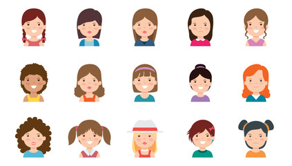 Vector icon set of girls icons on a white background