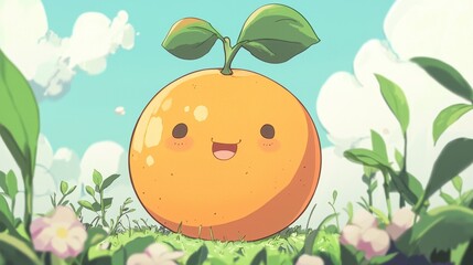 Happy Cartoon Orange Character with Leaves and Smiling Face