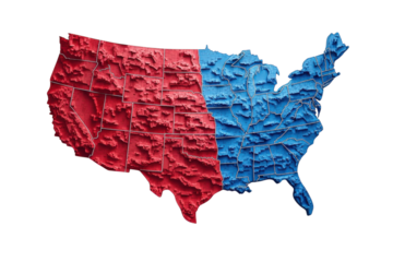 A dramatic 3D map of the United States, vividly divided red and blue, showcasing a stark political contrast with textured surface details.