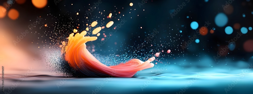 Poster flowing and luminous digital oscillations in a futuristic cyberpunk inspired virtual landscape featu
