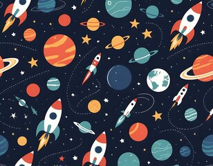 Rocket and Planet Pattern Space Themed Design for Kids Decor