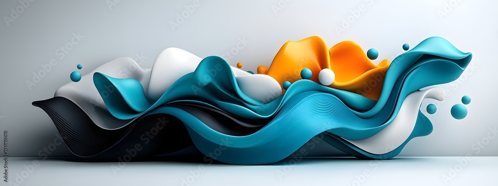 Poster flowing cerulean digital waves cascading across a stark black and white canvas embodying the perpetu