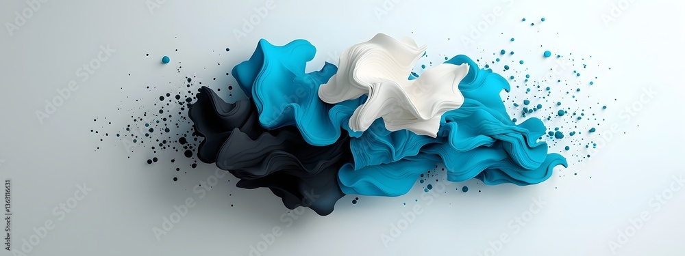 Poster flowing cerulean digital waves cascading across a stark black and white canvas embodying the perpetu