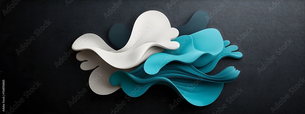 Poster flowing cerulean digital waves cascading across a stark black and white canvas embodying the perpetu