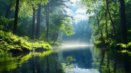 Fototapeta premium Misty River in a Sunlit Green Forest