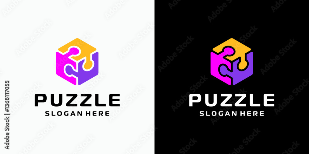 Poster three-dimensional cube puzzle vector logo design with modern, simple, clean and abstract style. icon