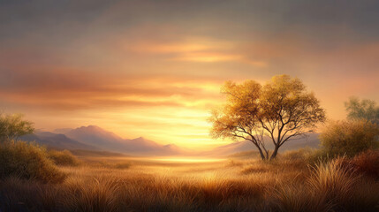 Obraz premium Golden sunset over tranquil landscape with silhouetted tree nature photography serene environment wide viewpoint