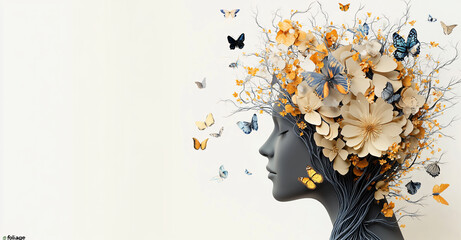 A serene silhouette of a human head filled with abstract nature elements, suitable for mental health campaigns, self-care promotions, or creative workshops.