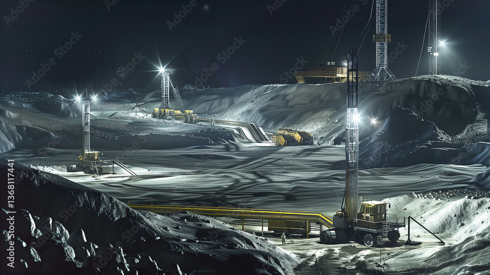 Poster this heavy machinery operates in a lunar-like landscape, digging into regolith for material extracti