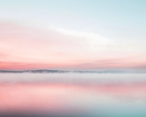 Pink Sunset Fog over Water, Tranquil Landscape Reflecting Hues