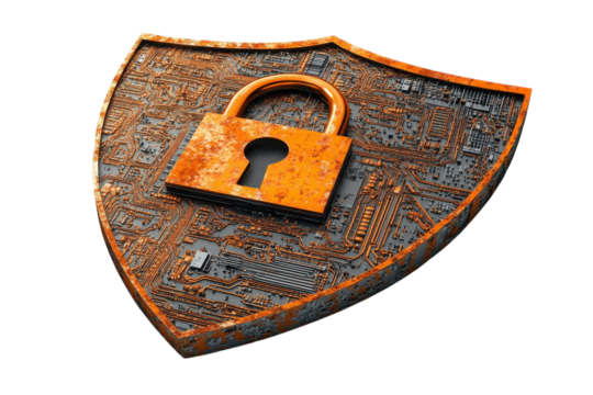 A rusty padlock secures a digital shield, symbolizing robust online protection with intricate circuit board detail.