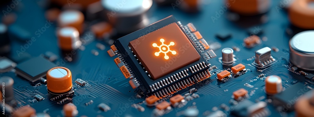 Poster glowing electronic circuit board with luminous light beam energizing an optical amplifier component